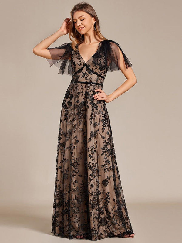Flared Sleeve Embroidered Mesh Evening Maxi Dress