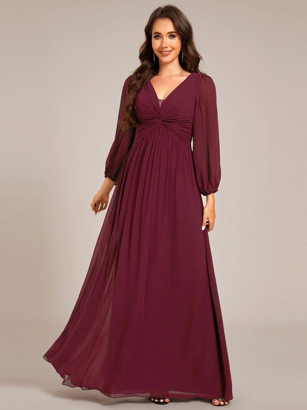 V-Neck Twist Front Long Sleeve Chiffon Evening Maxi Dress
