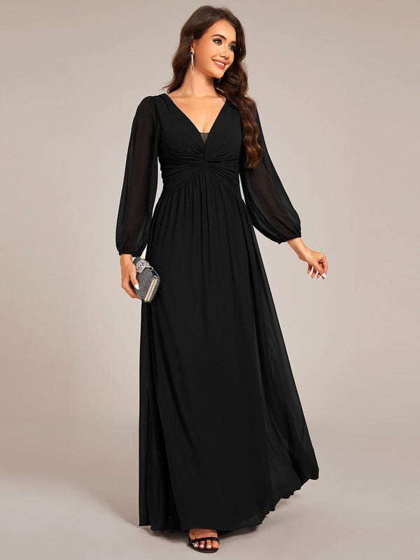 V-Neck Twist Front Long Sleeve Chiffon Evening Maxi Dress