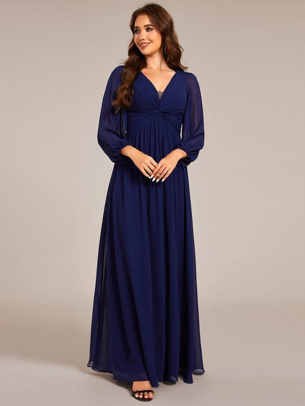 V-Neck Twist Front Long Sleeve Chiffon Evening Maxi Dress