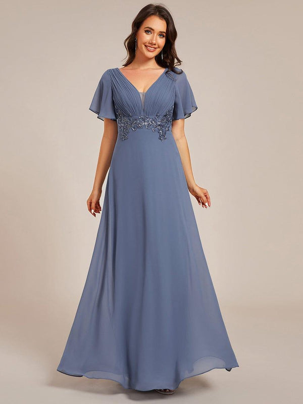 Deep V-Neck Empire Waist Applique Evening Maxi Dress