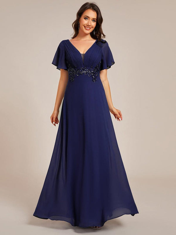 Deep V-Neck Empire Waist Applique Evening Maxi Dress
