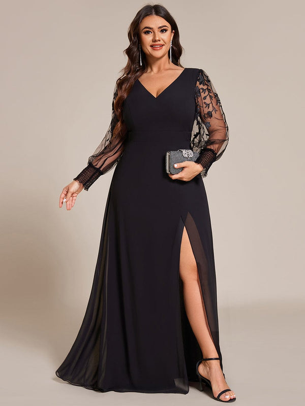 Plus Size Thigh Split Chiffon Evening Dress With Sheer Embroidered Long Sleeves