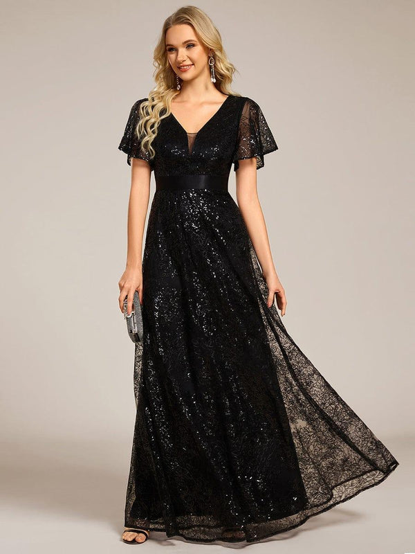 Illusion V-neck Sequin Maxi Evening Dress