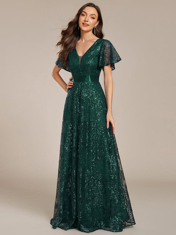 Illusion V-neck Sequin Maxi Evening Dress