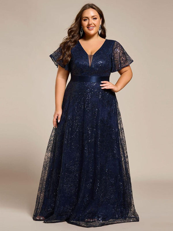Plus Size Illusion V-neck Sequin Maxi Evening Dress