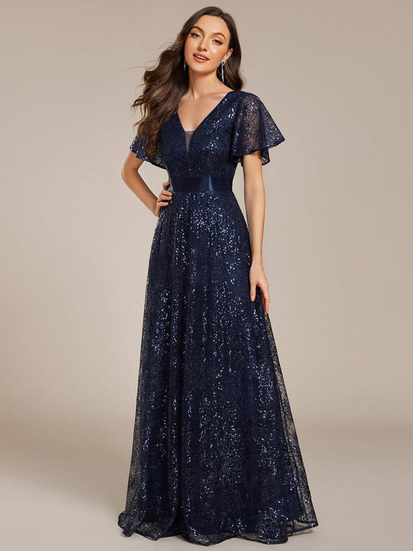 Illusion V-neck Sequin Maxi Evening Dress