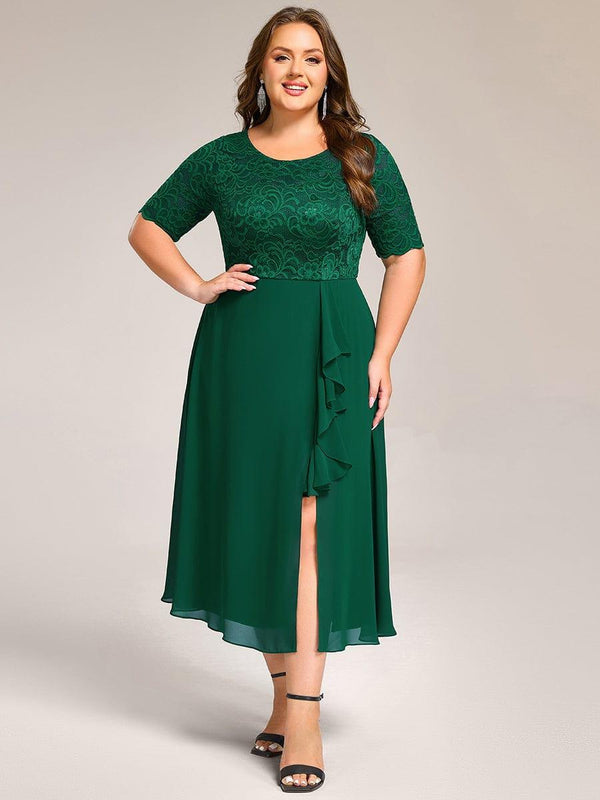 Plus Size Lace Top Short Sleeve Split Round Neck Evening Dress