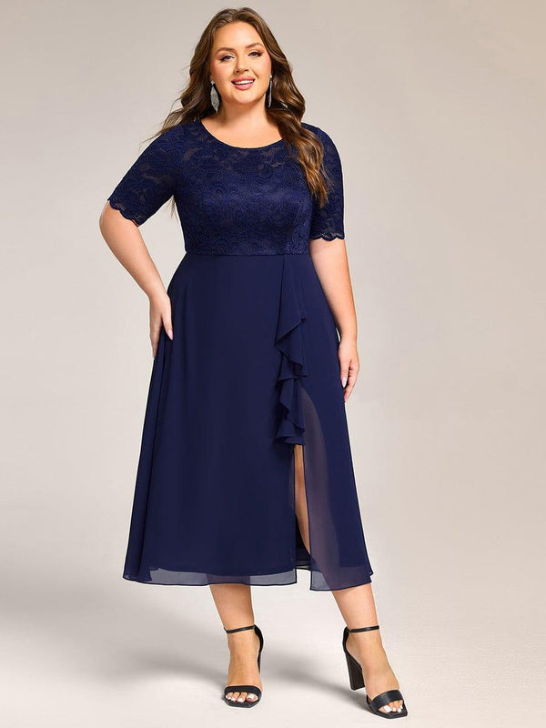 Plus Size Lace Top Short Sleeve Split Round Neck Evening Dress