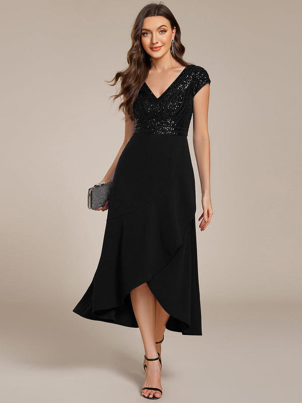 Short Sleeve Sequin Asymmetrical Midi Evening Dress