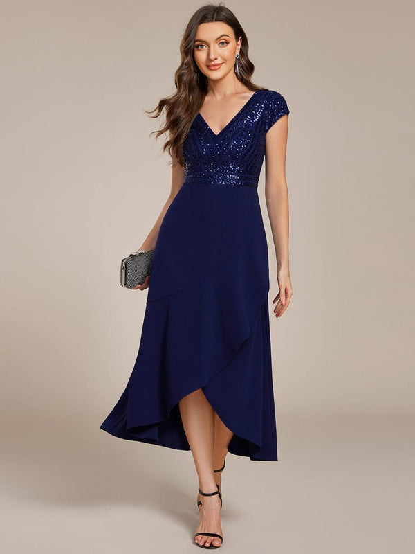 Short Sleeve Sequin Asymmetrical Midi Evening Dress