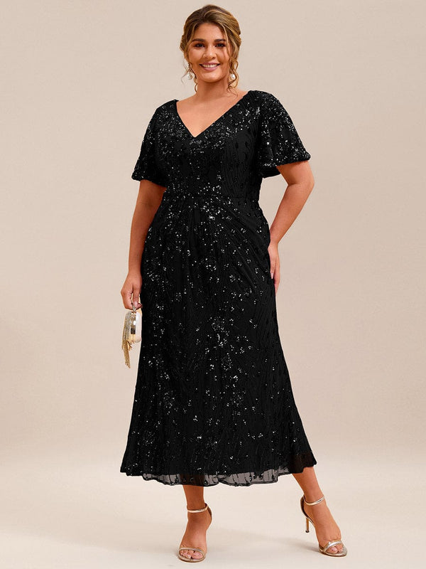 Plus Size Sequin Ruffle Sleeve Evening Dress