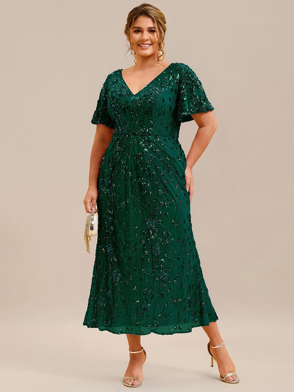 Plus Size Sequin Ruffle Sleeve Evening Dress