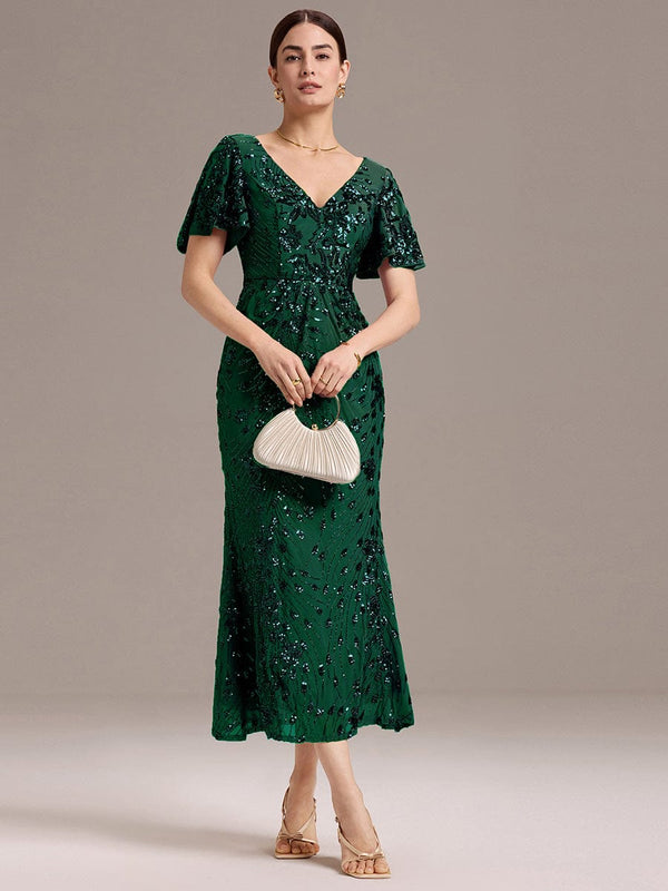 Sequin Ruffle Sleeve Evening Dress