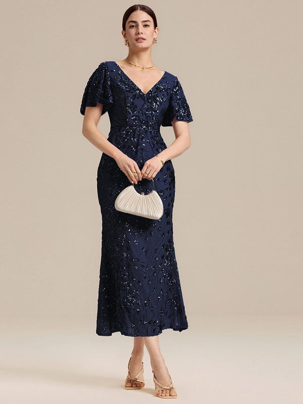 Sequin Ruffle Sleeve Evening Dress
