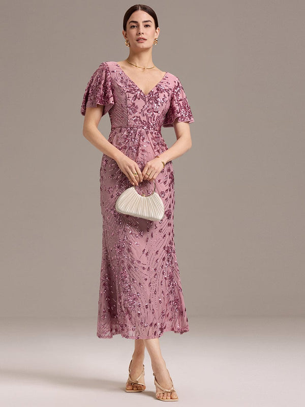 Sequin Ruffle Sleeve Evening Dress