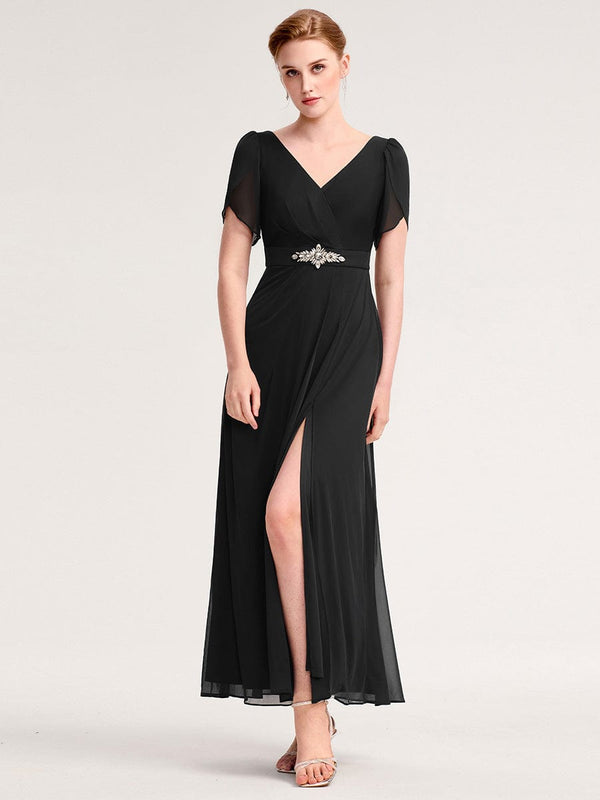 Rhinestone Embellished Chiffon Ruffle Sleeve Mother of the Bride Dress