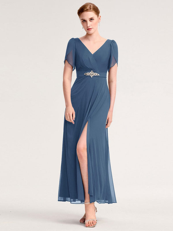 Rhinestone Embellished Chiffon Ruffle Sleeve Evening Dress