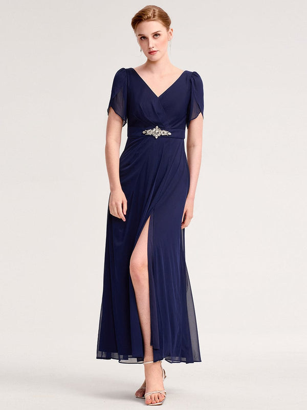 Rhinestone Embellished Chiffon Ruffle Sleeve Evening Dress