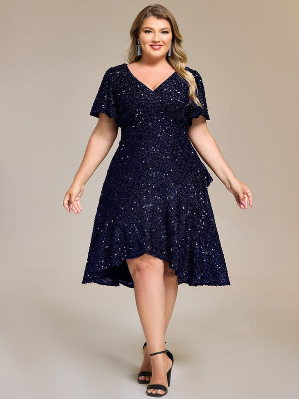 Sequin Ruffles Sleeve Midi Evening Dress