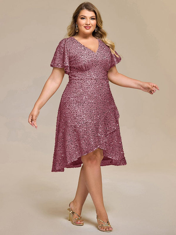 Sequin Ruffles Sleeve Midi Evening Dress