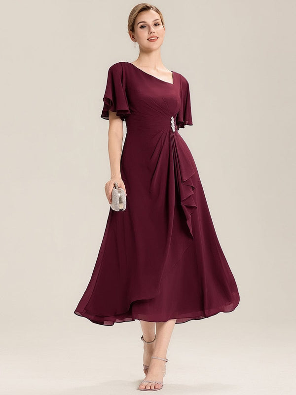 Rhinestone Embellished Chiffon Ruffle Sleeve Evening Dress