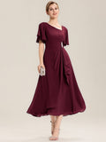 Rhinestone Embellished Chiffon Ruffle Sleeve Evening Dress