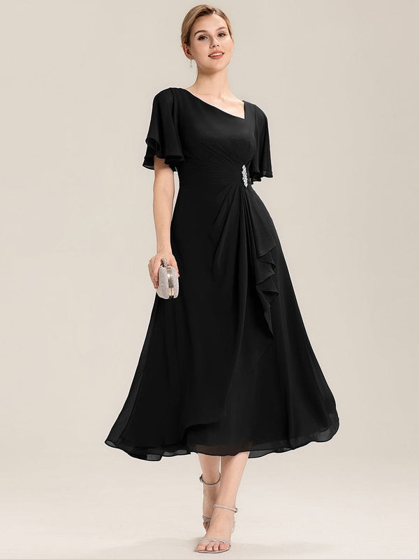 Rhinestone Embellished Chiffon Ruffle Sleeve Wedding Guest Dress