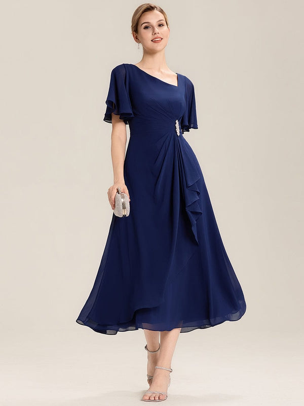 Rhinestone Embellished Chiffon Ruffle Sleeve Evening Dress