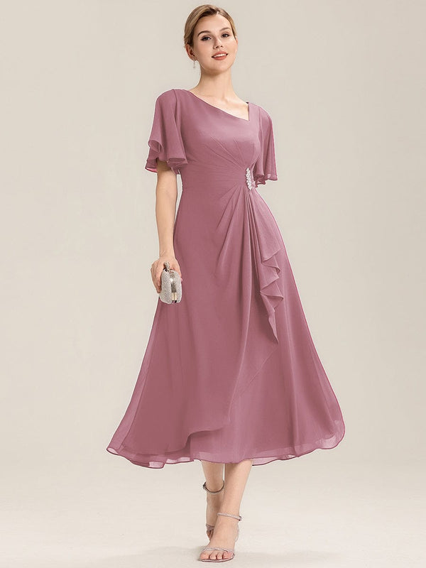 Rhinestone Embellished Chiffon Ruffle Sleeve Evening Dress