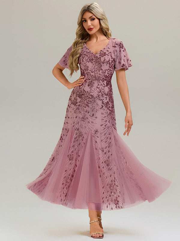 Embroidered Sequin Ruffle Sleeve Evening Dress