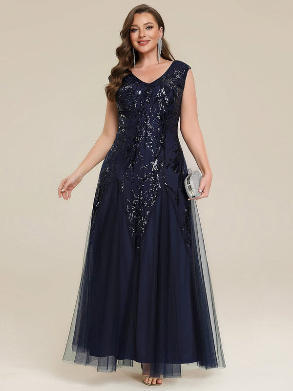 Plus Size Embroidered Sequin Cap Sleeve Dress