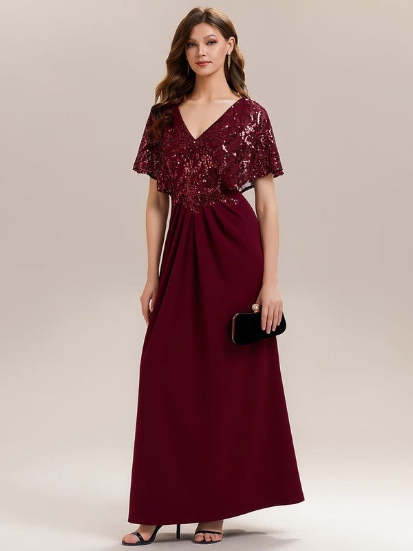Elegant V-Neck Sequin Batwing Sleeve Dress