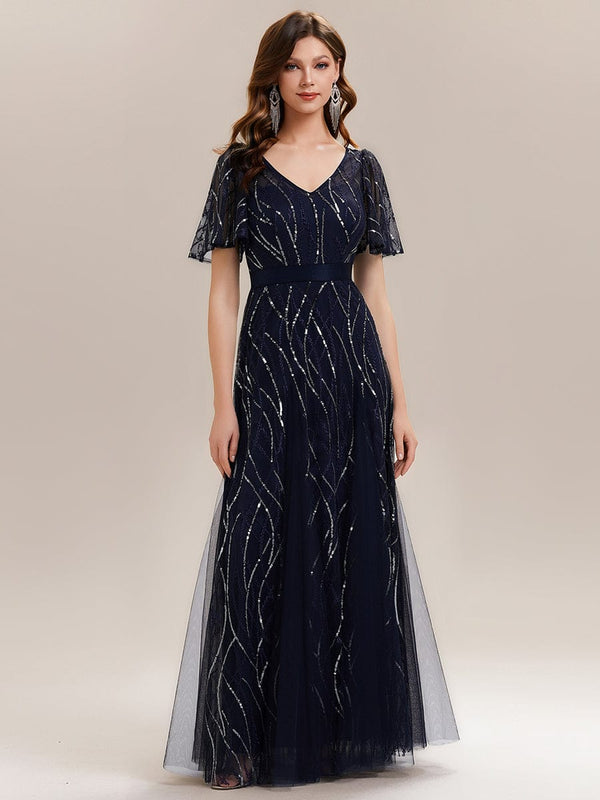 Deep V-Neck Sequin Ruffle Sleeve Dress