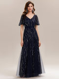 Deep V-Neck Sequin Ruffle Sleeve Dress