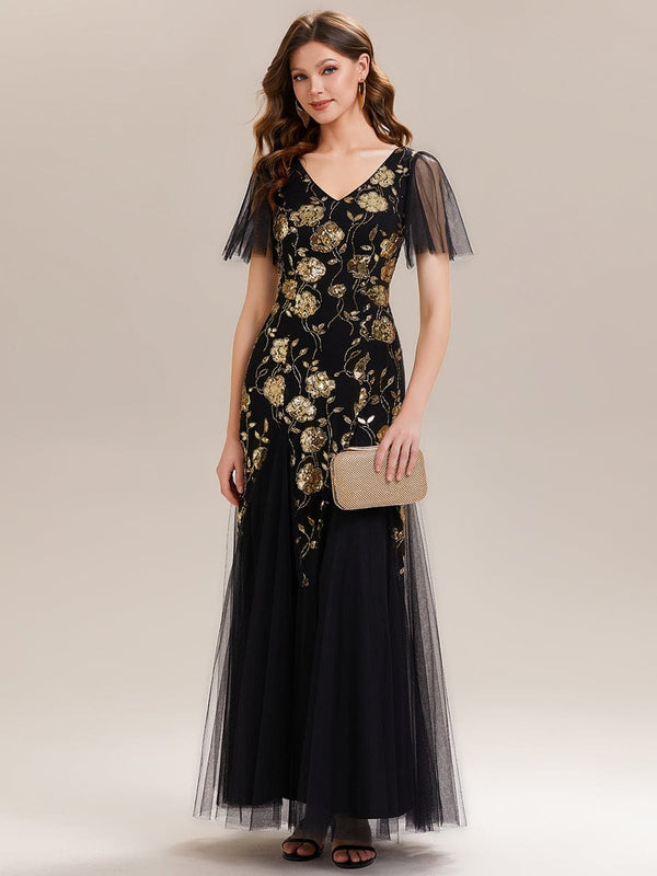 Patchwork Sequin Ruffle Sleeve Dress