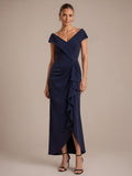 Ruffle Slit Mermaid Crepe V Neck Dress
