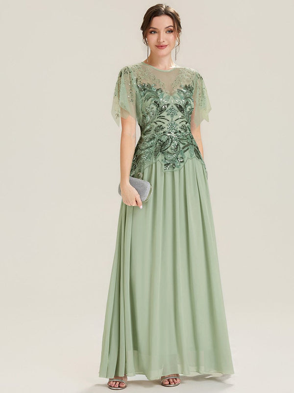 Embroidered Sequin Ruffle Sleeve Dress