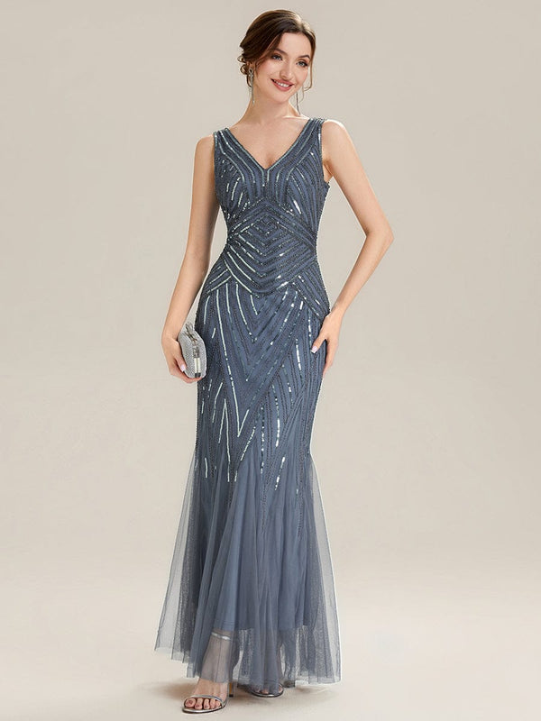 Deep V-Neck Sequin Sleeveless Dress