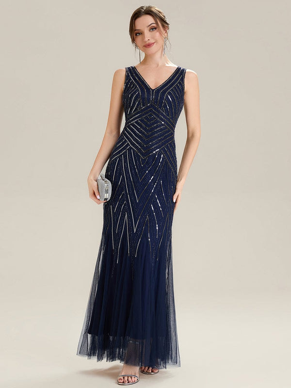Deep V-Neck Sequin Sleeveless Dress
