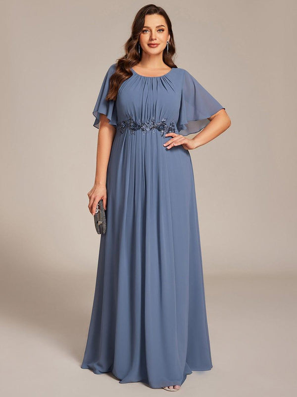 Plus Size Pleated Short Sleeve Ruffled Maxi Evening Dress