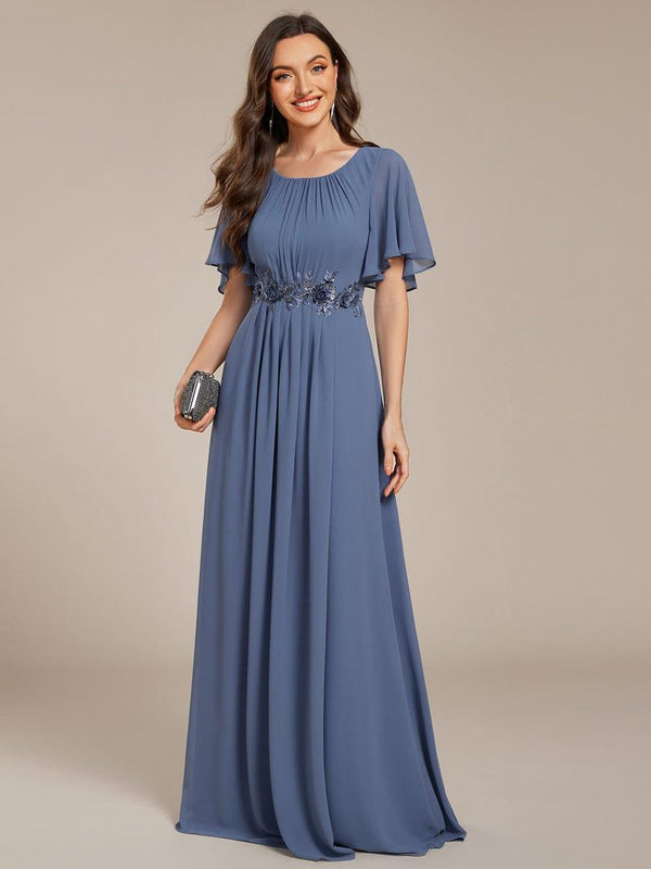 Pleated Short Sleeve Ruffled Maxi Evening Dress