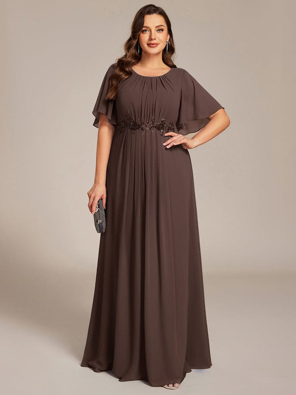 Plus Size Pleated Short Sleeve Ruffled Maxi Evening Dress