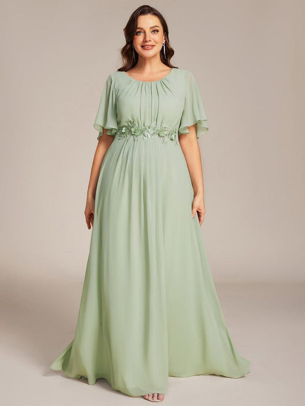 Plus Size Pleated Short Sleeve Ruffled Maxi Evening Dress