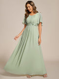 Pleated Short Sleeve Ruffled Maxi Evening Dress