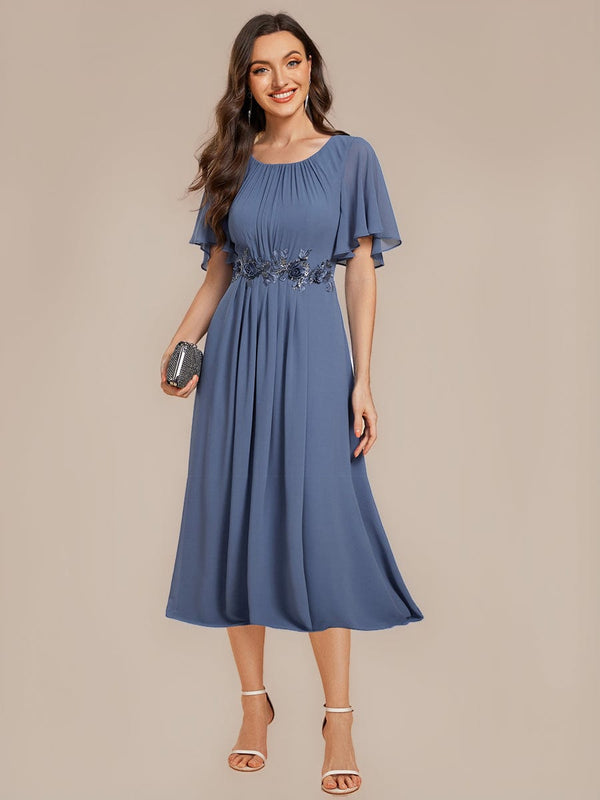 Applique Chiffon Ruffle Sleeve Evening Dress
