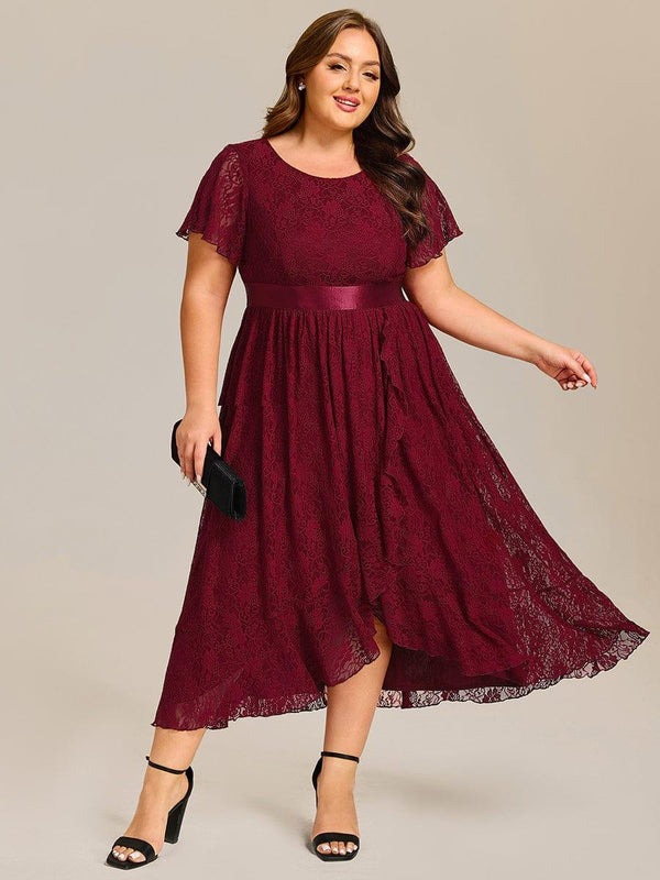 Plus Size Short Sleeve Ruffled Lace Midi Wedding Guest Dress