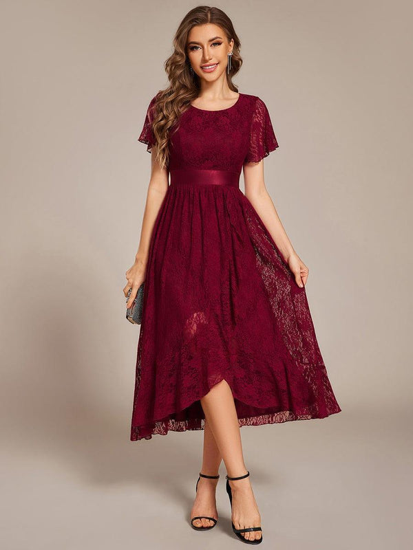 Short Sleeve Ruffled Lace Midi Wedding Guest Dress