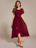 Short Sleeve Ruffled Lace Midi Wedding Guest Dress