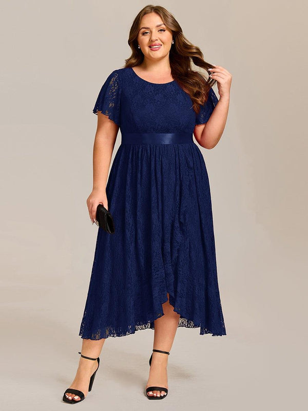 Plus Size Short Sleeve Ruffled Lace Midi Wedding Guest Dress